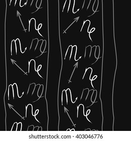 Vertical seamless pattern of zodiac signs motif,sagittarius,virgo, capricorn, scorpio, object, stripes, copy space. Hand drawn.
