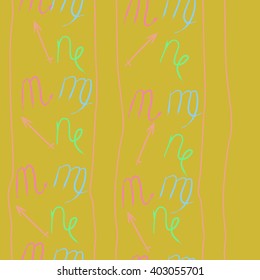 Vertical seamless pattern of zodiac signs motif,sagittarius,virgo, capricorn, scorpio, object, stripes, copy space. Hand drawn.