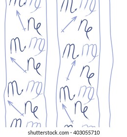 Vertical seamless pattern of zodiac signs motif,sagittarius,virgo, capricorn, scorpio, object, stripes, copy space. Hand drawn.