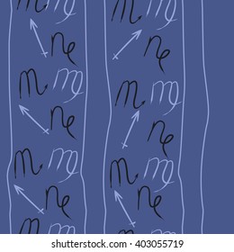 Vertical seamless pattern of zodiac signs motif,sagittarius,virgo, capricorn, scorpio, object, stripes, copy space. Hand drawn.