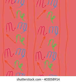 Vertical seamless pattern of zodiac signs motif,sagittarius,virgo, capricorn, scorpio, object, stripes, copy space. Hand drawn.