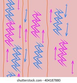 Vertical seamless pattern of zodiac signs, stripes, aquarius, sagittarius, zigzag, hand drawn.