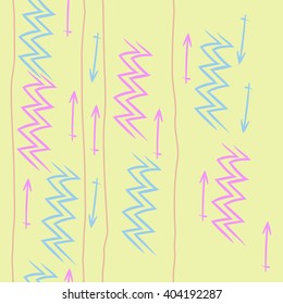 Vertical seamless pattern of zodiac signs, stripes, aquarius, sagittarius, zigzag, hand drawn.