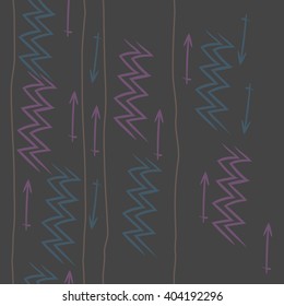 Vertical seamless pattern of zodiac signs, stripes, aquarius, sagittarius, zigzag, hand drawn.