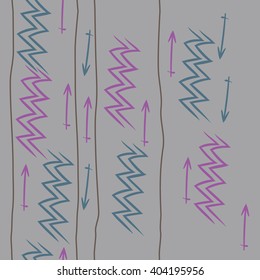 Vertical seamless pattern of zodiac signs, stripes, aquarius, sagittarius, zigzag, hand drawn.