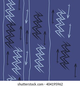 Vertical seamless pattern of zodiac signs, stripes, aquarius, sagittarius, zigzag, hand drawn.