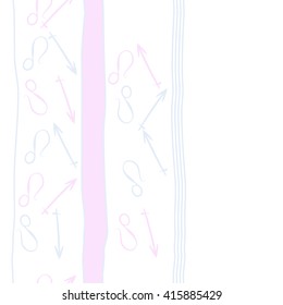  Vertical seamless  pattern of zodiac signs, doodles, object,sagittarius,lions, stripes, copy space. Hand drawn.
