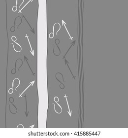  Vertical seamless  pattern of zodiac signs, doodles, object,sagittarius,lions, stripes, copy space. Hand drawn.