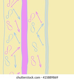  Vertical seamless  pattern of zodiac signs, doodles, object,sagittarius,lions, stripes, copy space. Hand drawn.