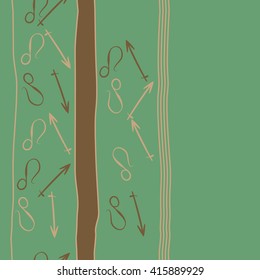  Vertical seamless  pattern of zodiac signs, doodles, object,sagittarius,lions, stripes, copy space. Hand drawn.
