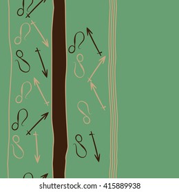  Vertical seamless  pattern of zodiac signs, doodles, object,sagittarius,lions, stripes, copy space. Hand drawn.