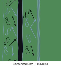 Vertical seamless  pattern of zodiac signs, doodles, object,sagittarius,lions, stripes, copy space. Hand drawn.