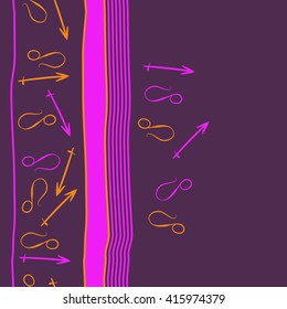 Vertical seamless  pattern of zodiac signs, doodles, object,sagittarius,lions, stripes,spots, copy space. Hand drawn.