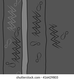 Vertical seamless pattern of zodiac signs, doodles, object,aquarius,lions, zigzag,stripes, copy space. Hand drawn.