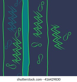 Vertical seamless pattern of zodiac signs, doodles, object,aquarius,lions, zigzag,stripes, copy space. Hand drawn.