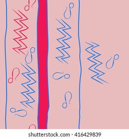 Vertical seamless pattern of zodiac signs, doodles, object,aquarius,lions, zigzag,stripes, copy space. Hand drawn.