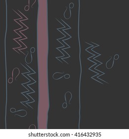 Vertical seamless pattern of zodiac signs, doodles, object,aquarius,lions, zigzag,stripes, copy space. Hand drawn.