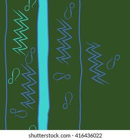 Vertical seamless pattern of zodiac signs, doodles, object,aquarius,lions, zigzag,stripes, copy space. Hand drawn.