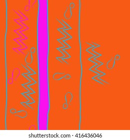 Vertical seamless pattern of zodiac signs, doodles, object,aquarius,lions, zigzag,stripes, copy space. Hand drawn.