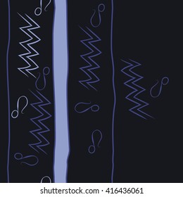 Vertical seamless pattern of zodiac signs, doodles, object,aquarius,lions, zigzag,stripes, copy space. Hand drawn.