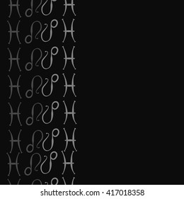 Vertical seamless pattern of zodiac signs, doodles, object,pisces,lions, copy space. Hand drawn.