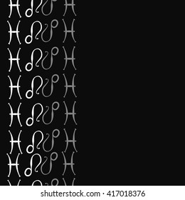 Vertical seamless pattern of zodiac signs, doodles, object,pisces,lions, copy space. Hand drawn.