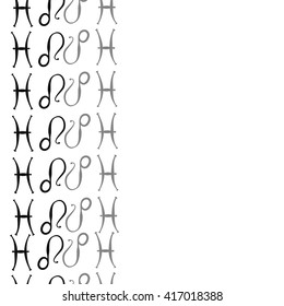 Vertical seamless pattern of zodiac signs, doodles, object,pisces,lions, copy space. Hand drawn.