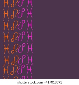 Vertical seamless pattern of zodiac signs, doodles, object,pisces,lions, copy space. Hand drawn.