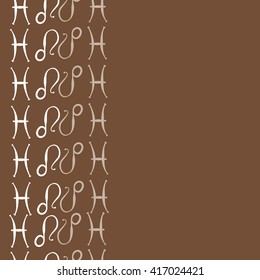 Vertical seamless pattern of zodiac signs, doodles, object,pisces,lions, copy space. Hand drawn.