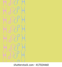 Vertical seamless pattern of zodiac signs, doodles, object,pisces,lions, copy space. Hand drawn.