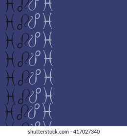 Vertical seamless pattern of zodiac signs, doodles, object,pisces,lions, copy space. Hand drawn.