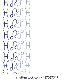 Vertical seamless pattern of zodiac signs, doodles, object,pisces,lions, copy space. Hand drawn.
