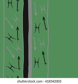 Vertical seamless pattern of zodiac signs, doodles, object,pisces,sagittarius,stripes, spot, copy space. Hand drawn.