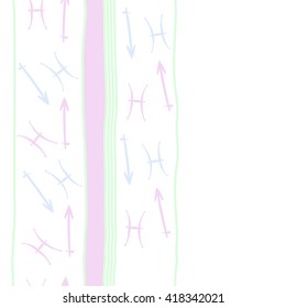 Vertical seamless pattern of zodiac signs, doodles, object,pisces,sagittarius,stripes, spot, copy space. Hand drawn.