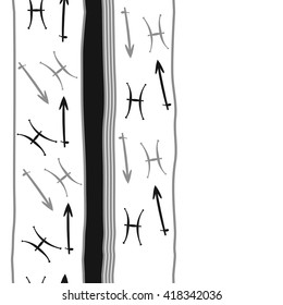 Vertical seamless pattern of zodiac signs, doodles, object,pisces,sagittarius,stripes, spot, copy space. Hand drawn.