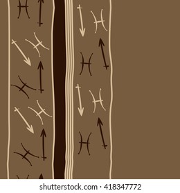 Vertical seamless pattern of zodiac signs, doodles, object,pisces,sagittarius,stripes, spot, copy space. Hand drawn.