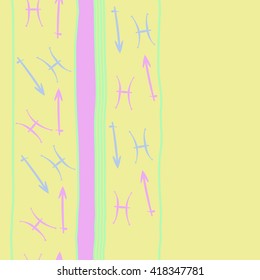 Vertical seamless pattern of zodiac signs, doodles, object,pisces,sagittarius,stripes, spot, copy space. Hand drawn.