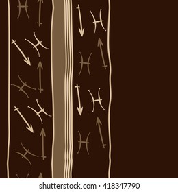 Vertical seamless pattern of zodiac signs, doodles, object,pisces,sagittarius,stripes, spot, copy space. Hand drawn.