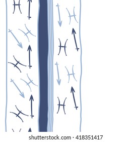 Vertical seamless pattern of zodiac signs, doodles, object,pisces,sagittarius,stripes, spot, copy space. Hand drawn.