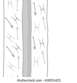 Vertical seamless pattern of zodiac signs, doodles, object,pisces,sagittarius,stripes, spot, copy space. Hand drawn.