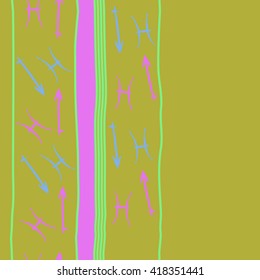 Vertical seamless pattern of zodiac signs, doodles, object,pisces,sagittarius,stripes, spot, copy space. Hand drawn.