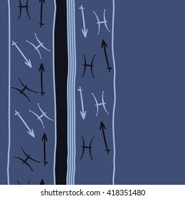 Vertical seamless pattern of zodiac signs, doodles, object,pisces,sagittarius,stripes, spot, copy space. Hand drawn.