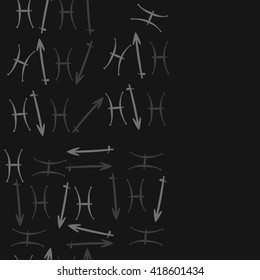 Vertical seamless pattern of zodiac signs, doodles, object,pisces,sagittarius, copy space. Hand drawn.