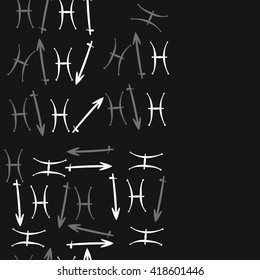 Vertical seamless pattern of zodiac signs, doodles, object,pisces,sagittarius, copy space. Hand drawn.
