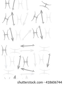 Vertical seamless pattern of zodiac signs, doodles, object,pisces,sagittarius, copy space. Hand drawn.