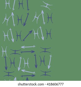 Vertical seamless pattern of zodiac signs, doodles, object,pisces,sagittarius, copy space. Hand drawn.