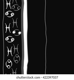 Vertical seamless pattern  of zodiac signs, doodles, object,cancer, pisces,stripes, spots,ellipses, copy space. Hand drawn.