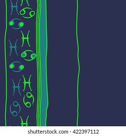 Vertical seamless pattern  of zodiac signs, doodles, object,cancer, pisces,stripes, spots,ellipses, copy space. Hand drawn.
