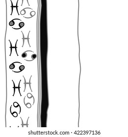 Vertical seamless pattern  of zodiac signs, doodles, object,cancer, pisces,stripes, spots,ellipses, copy space. Hand drawn.