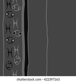 Vertical seamless pattern  of zodiac signs, doodles, object,cancer, pisces,stripes, spots,ellipses, copy space. Hand drawn.